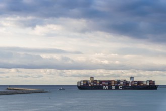 MSC Container Ship at sunrise, Barcelona, Spain, Europe