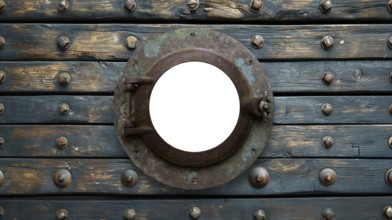 Vintage aged brass ship porthole mounted on a wooden hull with a white background. generative AI,