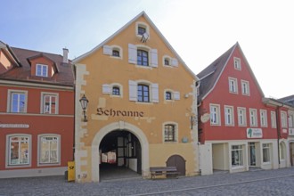 Schranne, building with passageway, inscription, Feuchtwangen, Middle Franconia, Franconia,