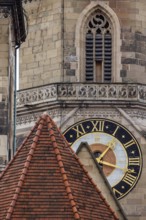 The two towers of the collegiate church, landmark of historic Stuttgart, detailed view with church