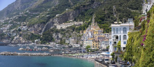 Italy, Amalfi town colorful architecture and Campania Amalfi coast landscapes, UNESCO site, Europe