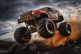 Monster truck driving and jumping outdoors amidst a cloud of dust. Thrill and adrenaline of an