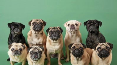 A group portrait of pugs are standing in rows, all with their tongues out, AI generated