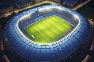 Aerial bird eye top view of a soccer football field stadium in night, AI generated