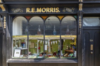 Shopfront R E Morris general store Victorian chemist shop, High Street, Lowestoft, Suffolk,