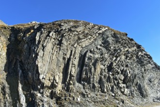 Folded rock layer, geological outcrop on the Furka Pass, Obergoms, Valais, Switzerland, Europe