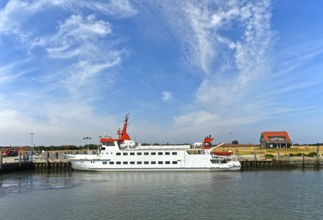 Passenger ferry Spiekeroog II at the landing stage on the island of Spiekeroog, East Frisian