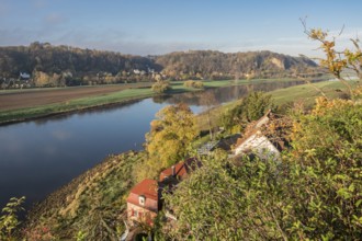 View over Elbe river, Hotel Knorre near Meissen, autumn, Germany, Europe