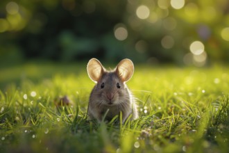 Cute mouse with large ears, exploring the vibrant green grass on a sunny day, AI generated