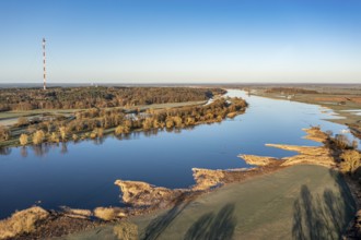 Aerial view of river Elbe near Lenzen, view to Höhbeck radio mast, early spring, Germany, Europe