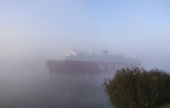 Car transporter, cargo ship KESS sailing in fog in the Kiel Canal, Kiel Canal, Schleswig-Holstein,