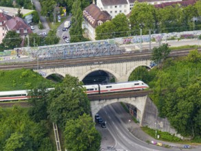 Railway bridges at Nordbahnhof with ICE, infrastructure of Deutsche Bahn AG. Stuttgart. Stuttgart,