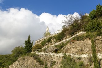 Exterior of Greek Orthodox church of Saint Mary, or Panagia Monastery, Dhermi, Albania steps