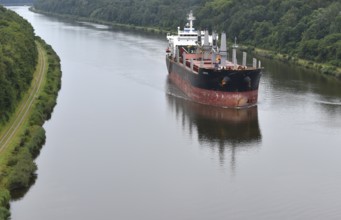 Aerial view, cargo ship Coyote travelling through the Kiel Canal, Kiel Canal, Schleswig-Holstein,