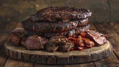 Plate with A stack of several grilled steaks. generative AI, AI generated