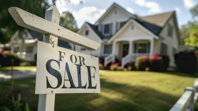 Home for sale real estate sign in front of house. generative AI, AI generated