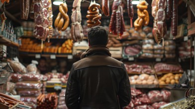 Man standing in front of a variety of shelved and hanging meats. generative AI, AI generated