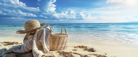 Beach scene with a straw hat, beach bag. Summer vacation, palm trees and ocean in the background,