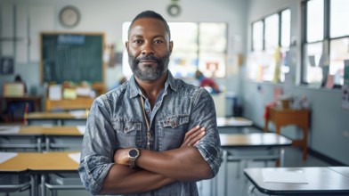 Proud african american male teacher standing in his classroom. generative AI, AI generated