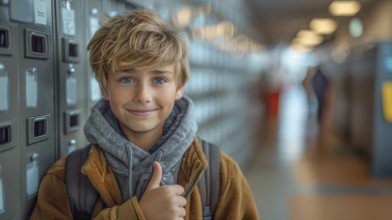 Cute caucasian school boy giving a thumbs up in the hallway of his school. generative AI, AI