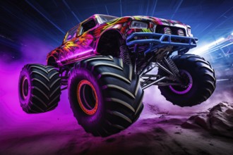 Monster truck with neon lighting, jumping off-road in cloud of dust. Excitement and thrill of an