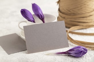 Gray paper invitation card, mockup with purple crocus snowdrop flowers on gray concrete background.