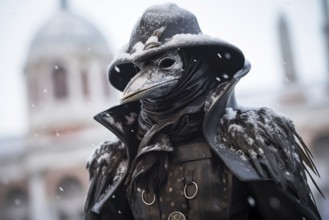 Person dressed as a plague doctor, adorned with the iconic crow mask, amidst the snowfall at the