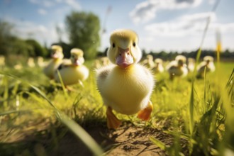 A close-up of a cute duckling standing in a sunlit meadow, with other ducklings and wildflowers in