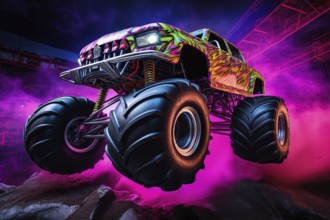 Monster truck with neon lighting, jumping off-road in cloud of dust. Excitement and thrill of an