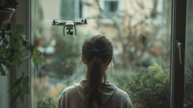 Woman seeing A UAV unmanned aircraft drone flying just outside the window of her house, AI