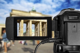 Close-up of a camcorder during video recording at the Brandenburg Gate (composing)