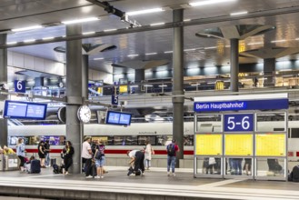 Berlin Central Station, platform hall with platform, station sign and ICE. Berlin, Germany, Europe