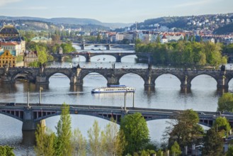 Travel Prague background, elevated view of bridges over Vltava river from Letna Park. Prague, Czech