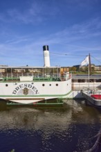 Excursion boat passenger steamer Dresden, WEIßE FLOTTE SACHSEN GmbH, river Elbe, reflections on the