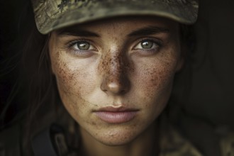 Face of young female soldier in front of dark background. Generative Ai, AI generated