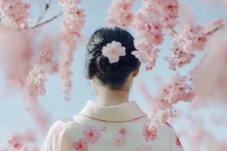 Back view of young Asian woman with white traditional Yukata garment with pink Sakura cherry