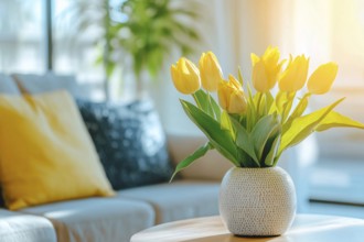 Bouquet of beautiful yellow tulip spring flowers in vase on coffee table in living room. Generative