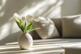 Seasonal bouquet of beautiful white tulip spring flowers in vase on coffee table in living room.