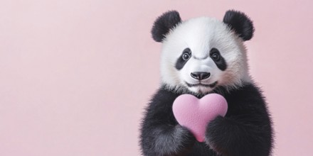 Banner with cute Giant Panda bear holding pink plush heart in front of pink background with copy