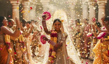 Hindu traditional Indian lavish wedding with groom and bride celebrating and dancing, AI generated