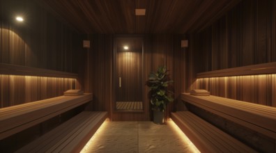 A luxury spa sauna wellness room with a large marble bathtub and a fireplace, AI generated