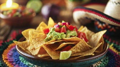 Mexican traditional nachos with avocado jalapeno guacamole and tomato salsa., AI generated