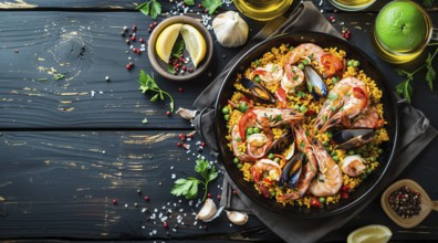 Authentic seafood paella senyoret on a wooden table., AI generated