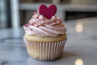 Cute Valentine's Day cupcake with cream and heart topper. Generative AI, AI generated