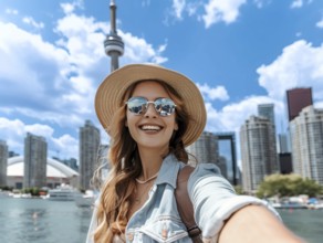 Attractive young smiling happy tourist take selfie in Toronto downtown near CN Tower on vacation.,