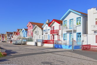 Traditional wooden striped houses, Costa Nova do Prado, Aveiro, Portugal, Europe