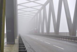 Grünental High Bridge on the Kiel Canal with fog, Schleswig-Holstein, Germany, Europe