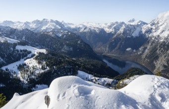 View of Königssee and Watzmann with snow in autumn, from the Jenner, Berchtesgaden National Park,