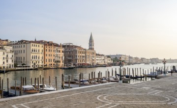 Motorboats and gondolas on the Grand Canal in the morning light, Campanile in the background,