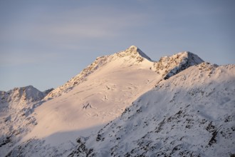 Schalfkogel summit with glacier at sunrise, Ötztal nature park Park, Ötztal Alps, Tyrol, Austria,